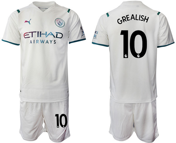 Men's Manchester City #10 Jack Grealish 2021/22 White Away Soccer Jersey Suit